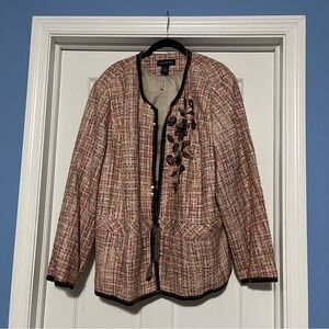 Lane Bryant women’s plus 28 pink bouclé knit blazer jacket tie front floral